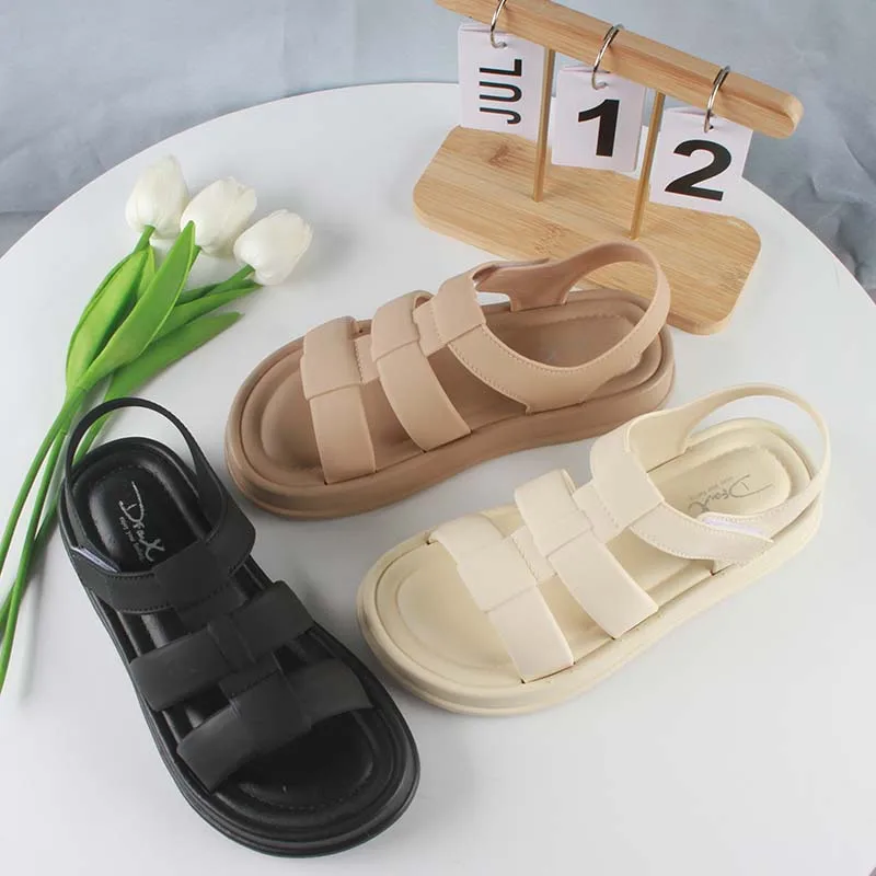 Women Fashion Summer PVC Sandals Hollowed Out Solid Color Flat Beach Shoes Casual Velcro Women\'s Shoes