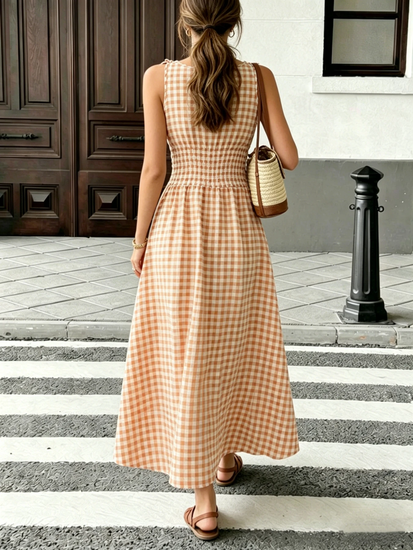 Sommermode Neuer Stil Frischer Ins-Stil Vielseitiges Gittermuster Taillenzugband Langes Kleid – Detail 4