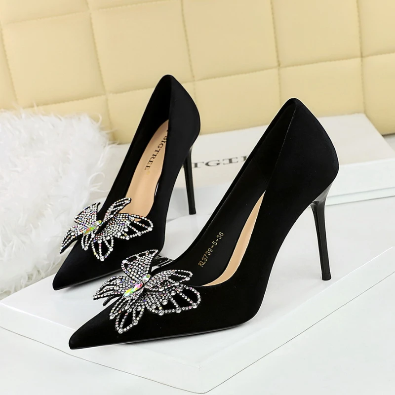 

Shining Colored Double-Layer Bow Decoration European American High Heels Xishi Velvet Super High Heels Light Mouth Women's Shoes