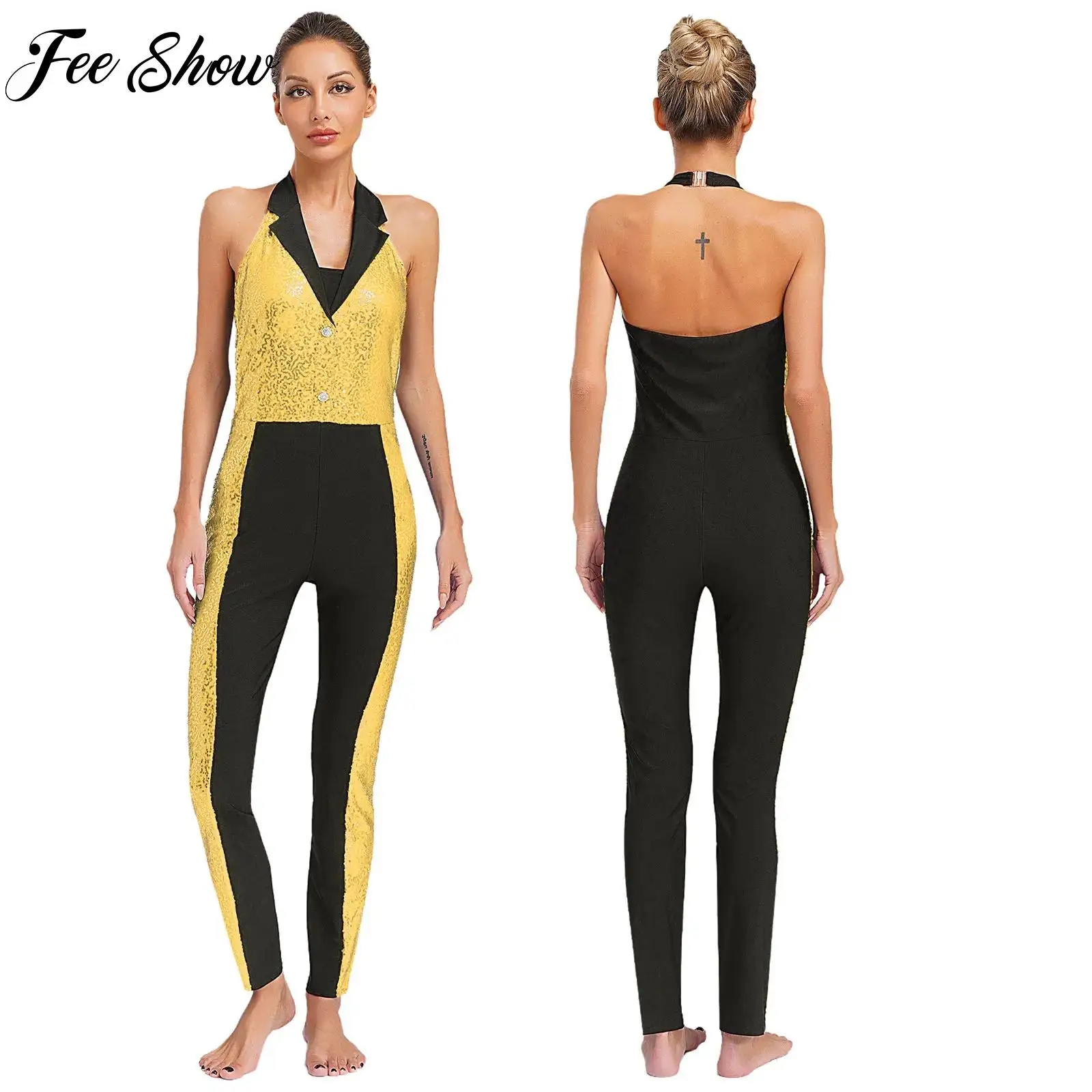 

Womens Samba Rumba Cha-Cha Dance Costume Sequin Latin Jazz Dance Jumpsuit Halter Sleeveless Full Body Leotard Ballroom Dancewear