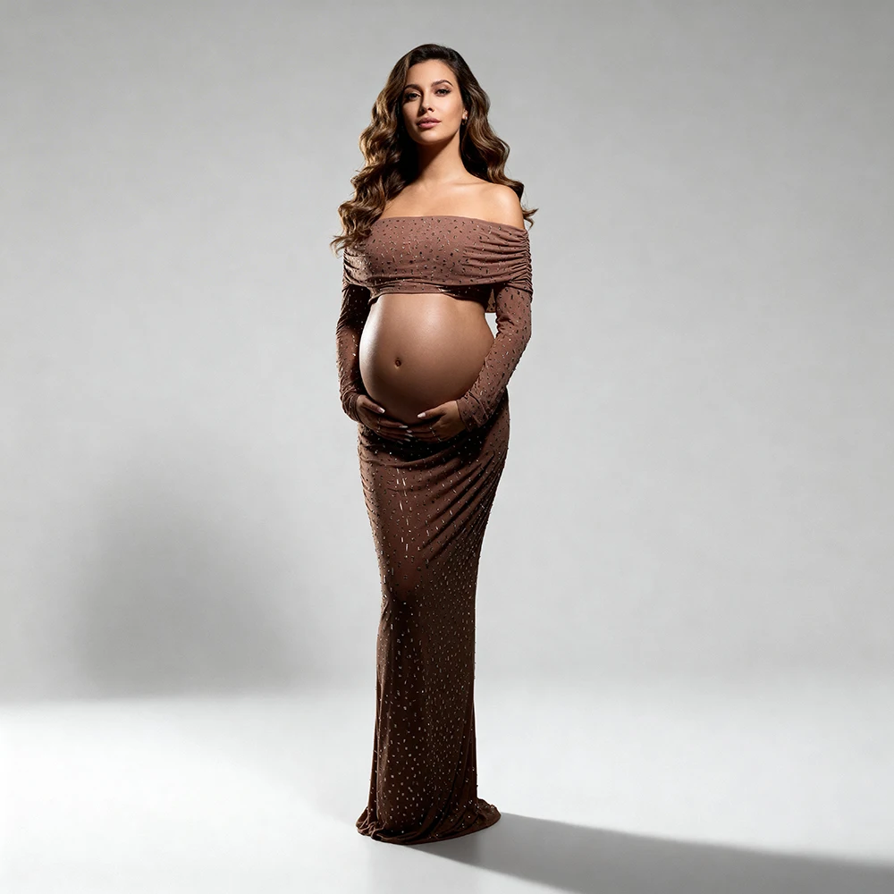 

Photo Shoot Dresses Brown Rhinestone Off-the-Shoulder Long Sleeve Maternity Dress for Pregnancy Photography Clothes YW2603053D