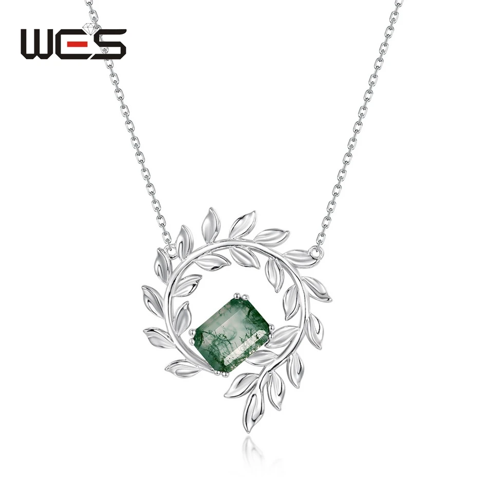 WES 925 Sterling Silver Olive Branch Necklace for Woman With Natural Moss Agate Unique Gifts for Lady Engagement Jewelry