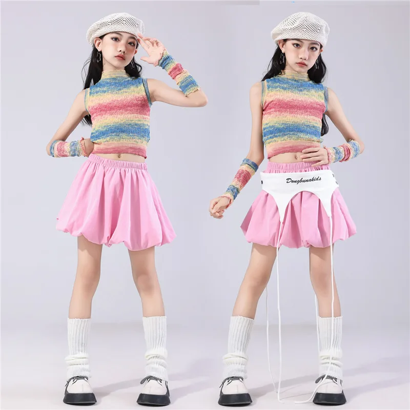 طفل ملابس رقص الجاز Kpop فتاة قبضة عرض مسرحي الزي الملونة التدرج تانك القمم الوردي تنورة المنصة أداء البدلة VBH1938