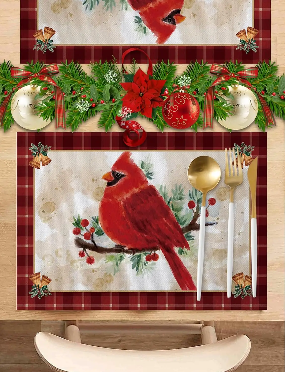 Placemats Set of 4 Christmas Cardinal Bird Red Gingham Berry Bell Table Mats Waterproof Non-Slip Placemat Winter Animal 12x18in