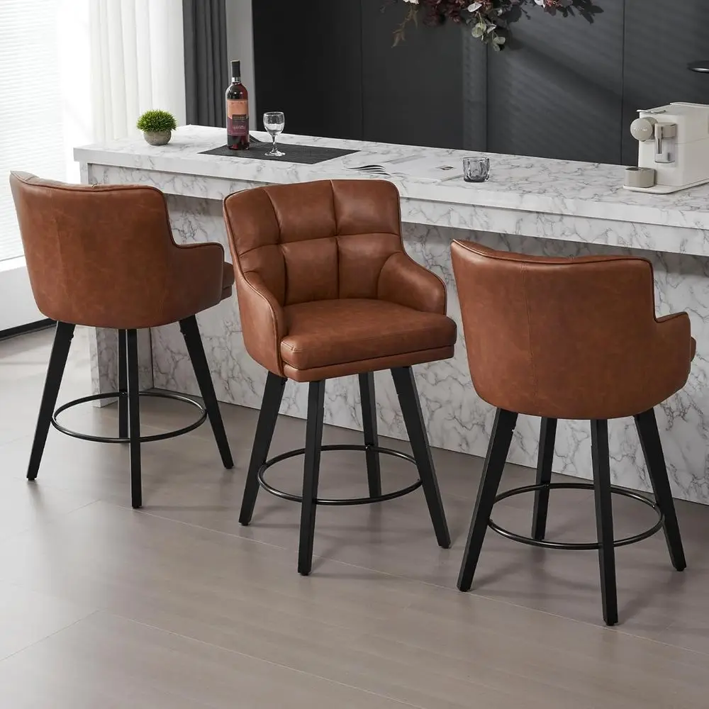 

360° Swivel Bar Stools with Back, 26 Solid Wood, Brown Faux Leather, Set of 3 for Kitchen Island