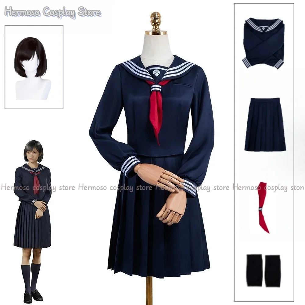 لعبة Silenthill F Hinako Shimizu تأثيري حلي النساء JK زي مدرسي طالبة بحار البدلة القمم تنورة التعادل شعر مستعار أسود مجموعة