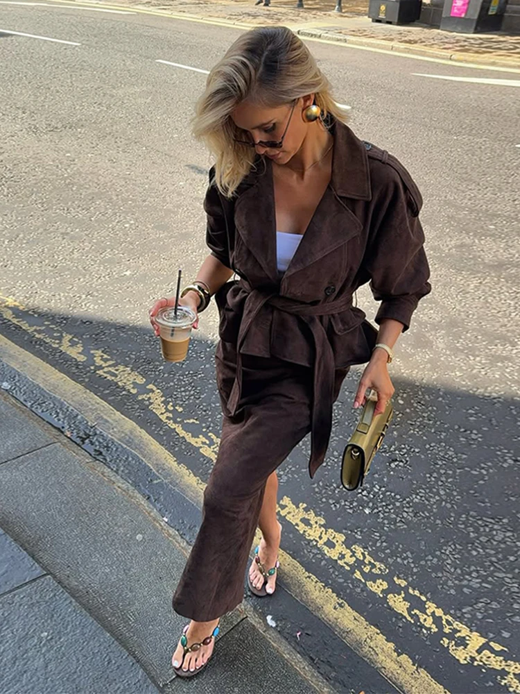 2025 Autumn Winter Fashion Elegant Women's Suede Jackets Skirts Suit Lace Up Lapel Solid Lady Sets