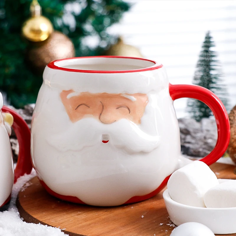 

Warm Christmas Theme Hand Painted Eco-Friendly Clay Mug 3D Santa Design Coffee Milk Tea Ceramic Cup Holiday Gift for Kitchenware