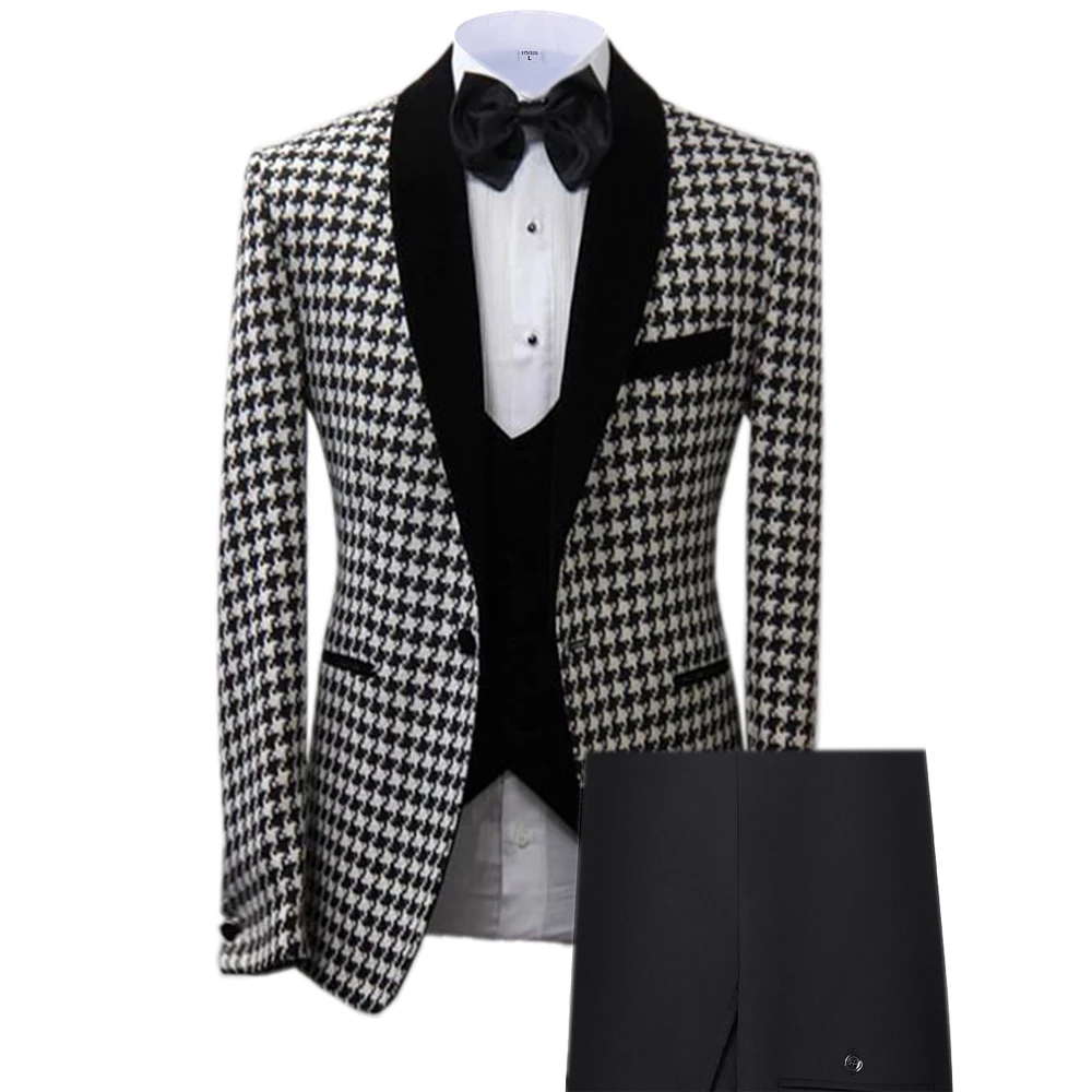 New Arrival 3 Pieces Men\'s Suits Houndstooth  Plaid Style Fashion Wool Groomsmen Suits For Wedding(Blazer+Vest+Pants)