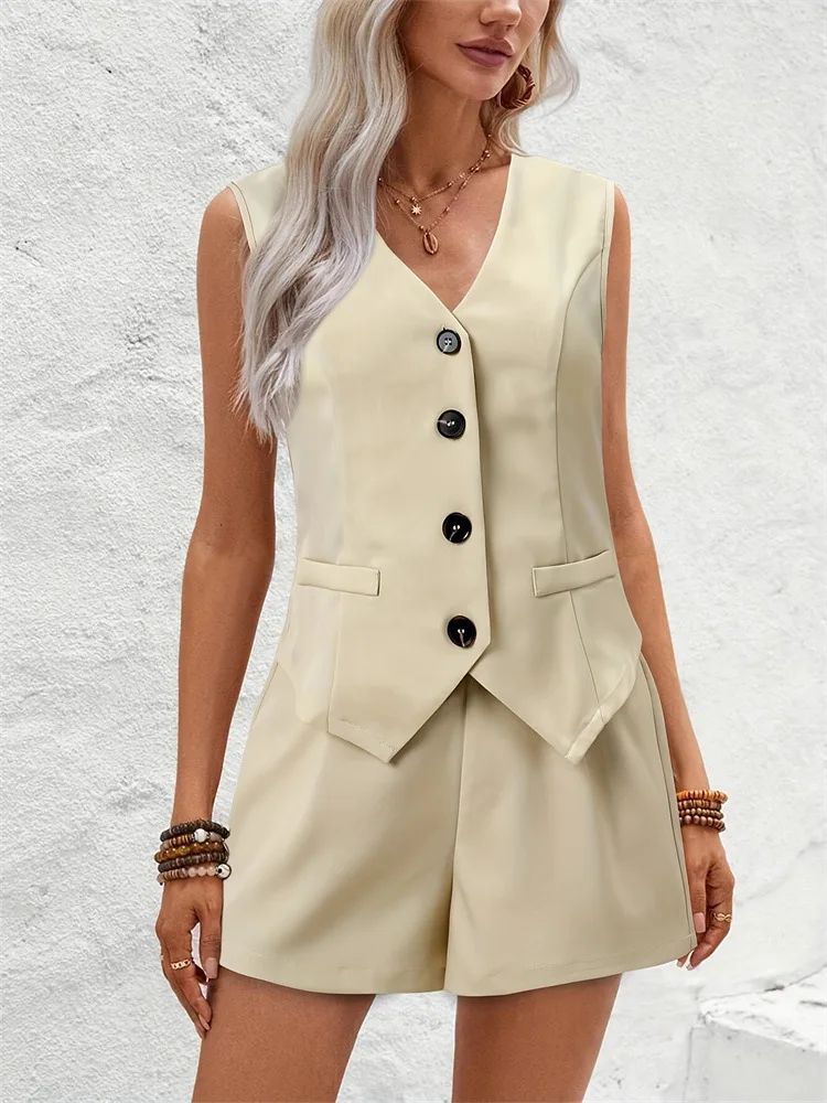 

Новинка лета, женский жилет, шорты, костюм, элегантный тонкий однобортный топ без рукавов с v-образным вырезом, короткие брюки с высокой талией, женский комплект из 2 предметов