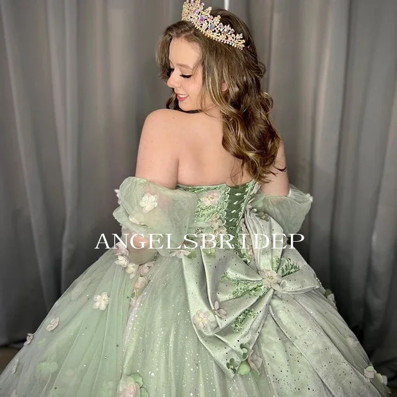 Angelsbride Salie Groene Kralen 3d Appliques Strik Sweet 16 Jurk Vestido De 15 Quinceañera Baljurk Quinnceanera Jurken