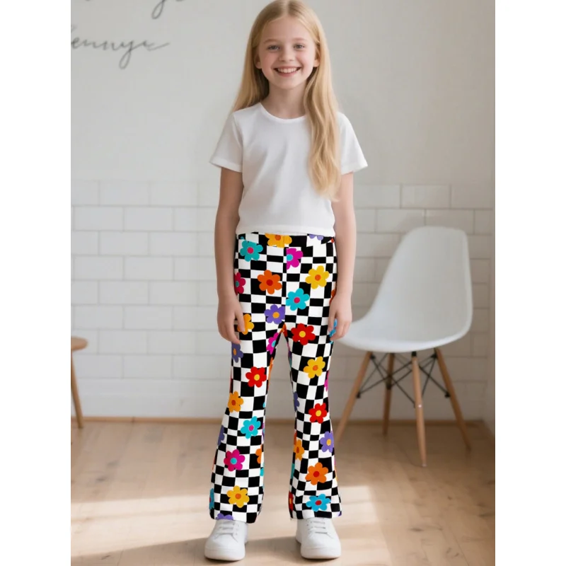 

2025 Girls Checkerboard Floral Flared Pants - Trendy Retro Colorful Flower Print Bell Bottoms for Kids Casual Daily Outfit