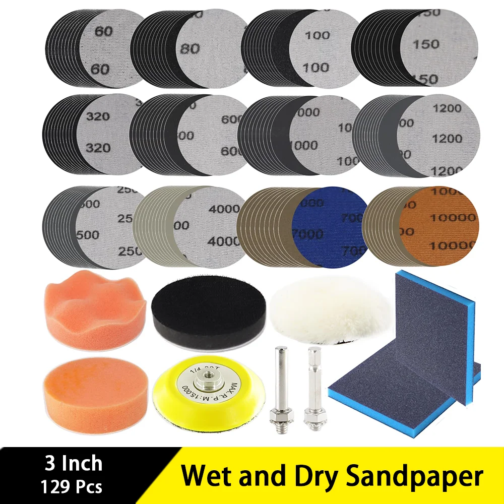 

3 Inch Wet and Dry Sandpaper 129 Pcs Assorted 60-10000 Grit with 1/4" Shank Backer Plate Sanding Sponge and Soft Buffering Pad