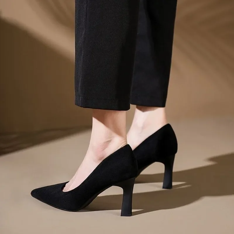 

New Fashion Etiquette High Heels Suede Soft Sole Formal Dress Commuter Career French Women's Work Shoes Black Single Shoes