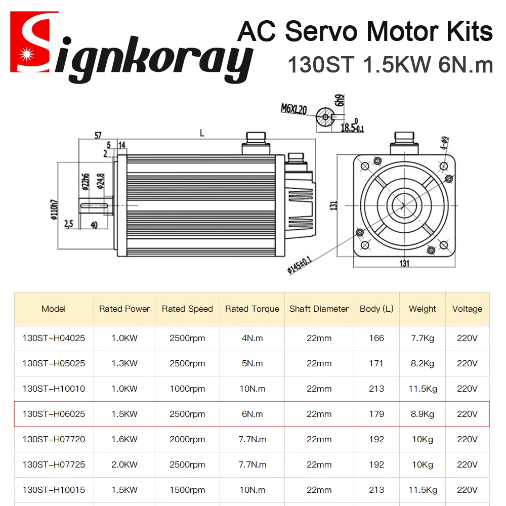 SignkoRay 1.5KW 6N.m AC Servo Motor Driver Kits 2500RPM 220V for Industrial Control Application HC300+130ST-H06025