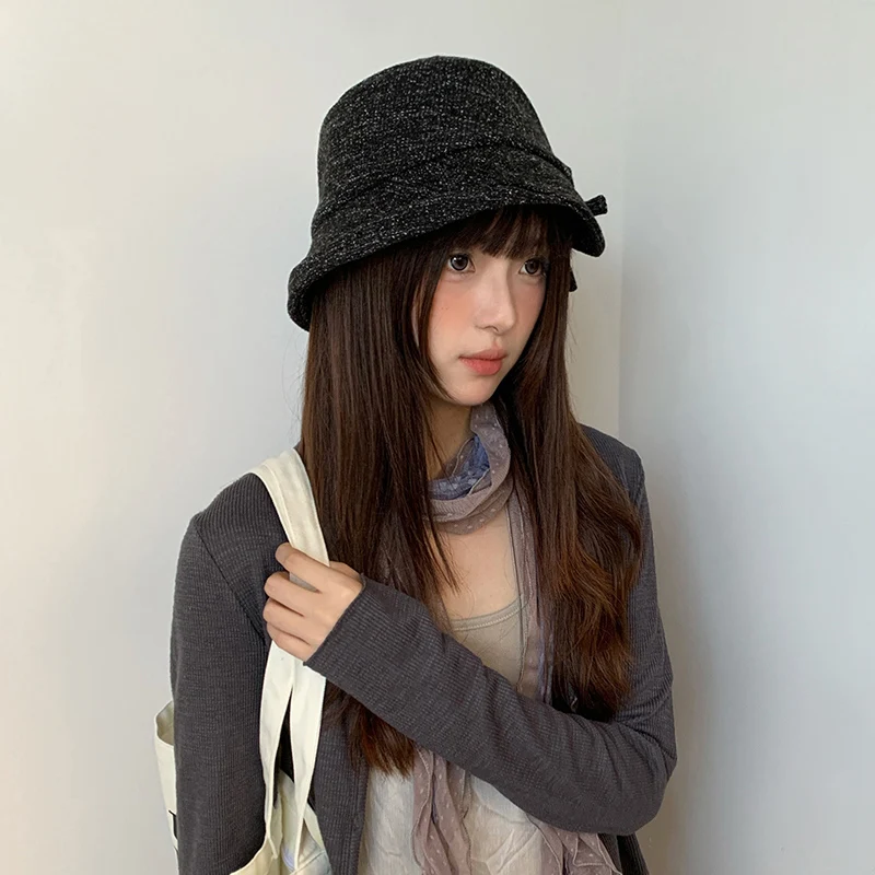 Otoño Invierno estilo francés Hepburn mujeres salida todo fósforo Retro sombrero de Panamá Bowknot sombrero de cubo ancho ala plegable sombrero de copa plana