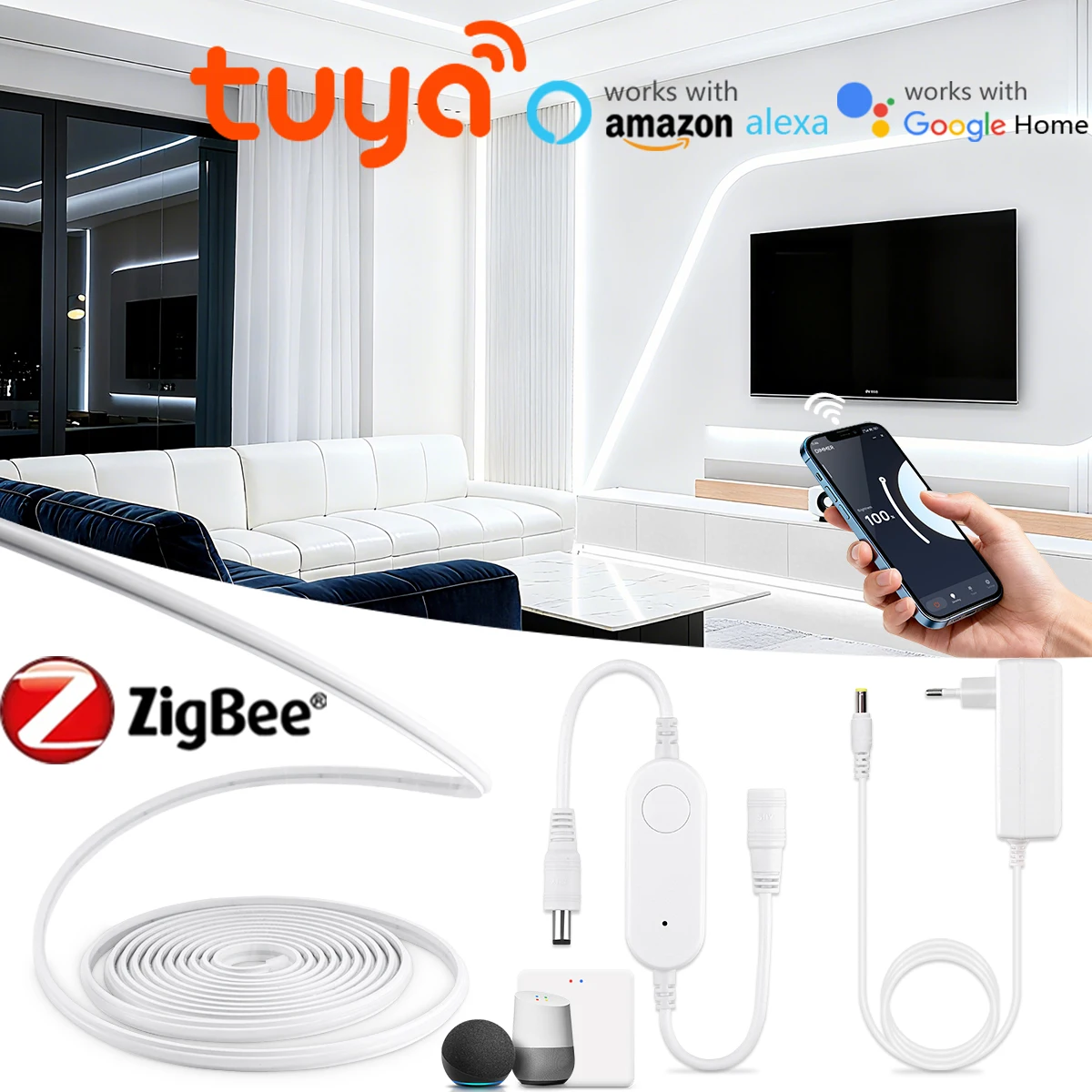 Zigbee 3.0 Self-Adhesive Neon LED Strip COB Lights with Smart LED Controller Switch Tuya Wifi Dimmable LED Tape for Wall Decor