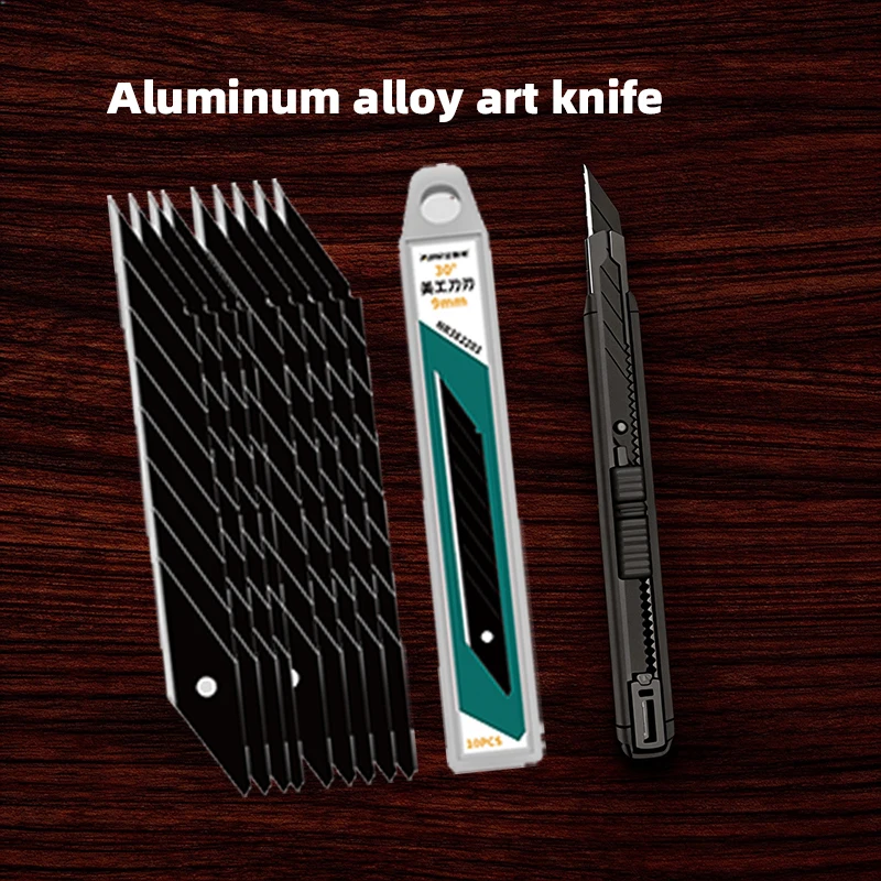Black Aluminum Alloy Utility Knife 9mm Wide Sharp SK5 Blade with Extra Replaceable Blades Lightweight Non‑Slip Handle