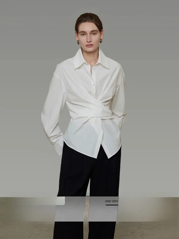 

Unspoken Asymmetric Knot Long Sve Loose Women's irt Simple Design Cotton Blend Spring 2026 New Sle High-End Feel