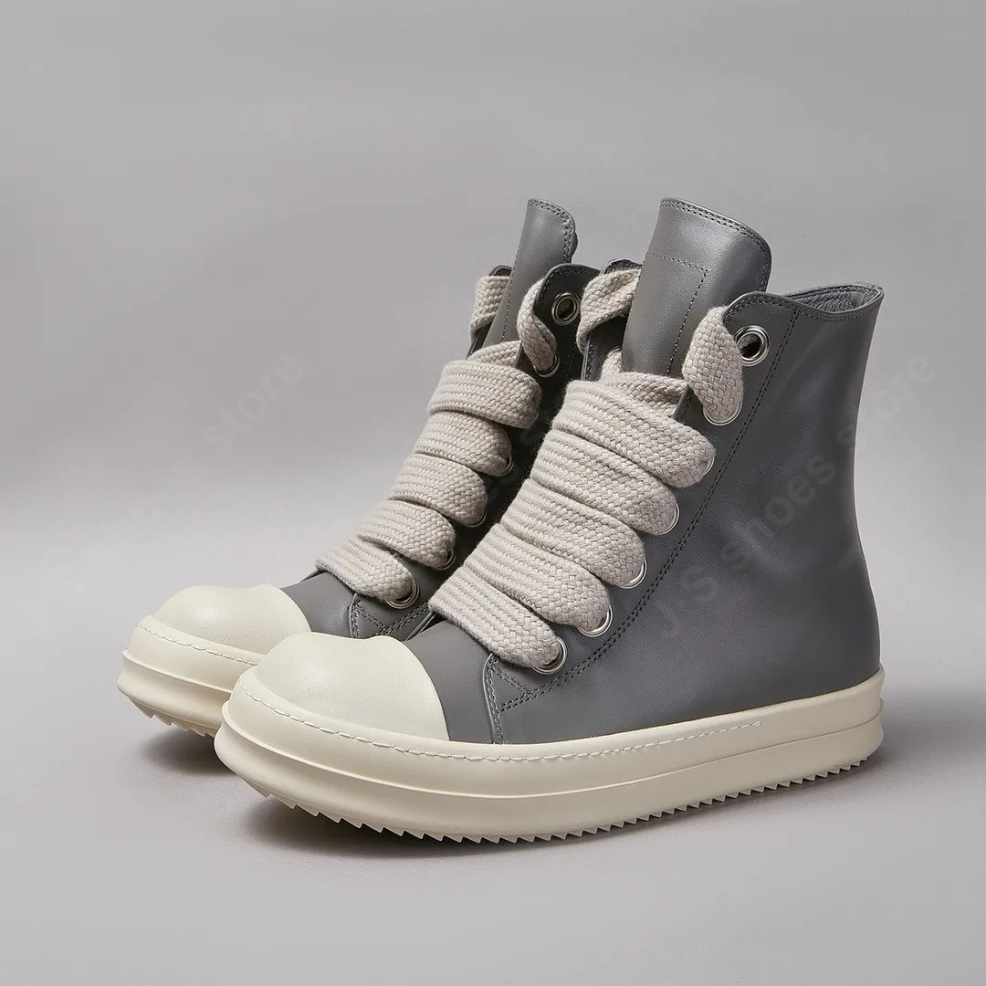 Ricks Shoes Men Gray Leather Shoes Women High Top Shoes Owens Sneaker Jumbo Laces Luxury Casual Shoes Rubber Soled Cowhide Shoe