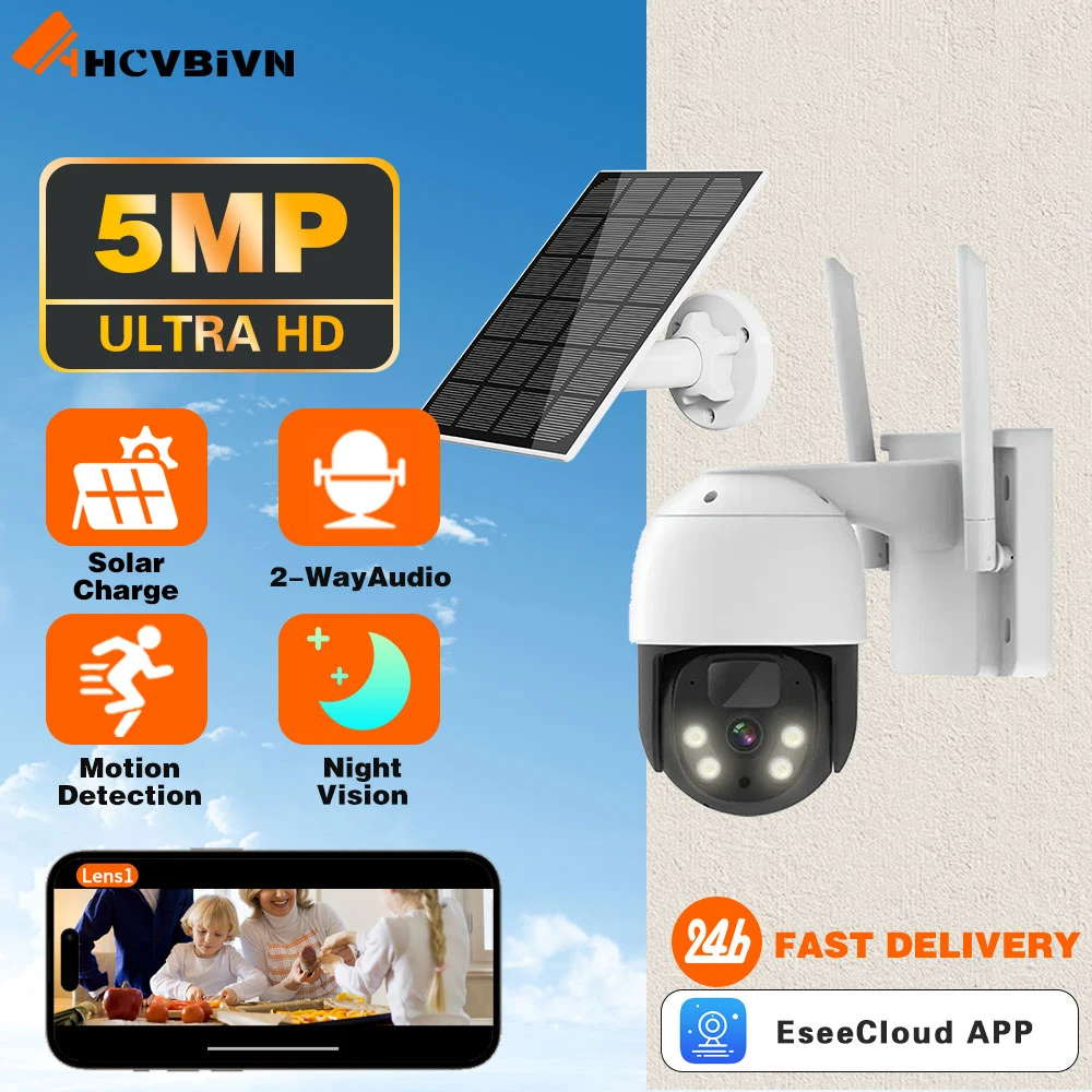 

5MP WiFi Solar Camera PIR Human Detection PTZ IP Cam With 10400mAh Solar Panel Recharge Battery Video Surveillance 360° Camera