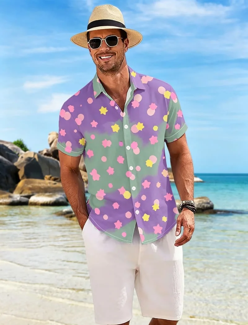 Men's Short Sleeve Shirt Lapel Abstract Wave Circle Print Button Down Casual Beach Holiday Summer Mens Clothing