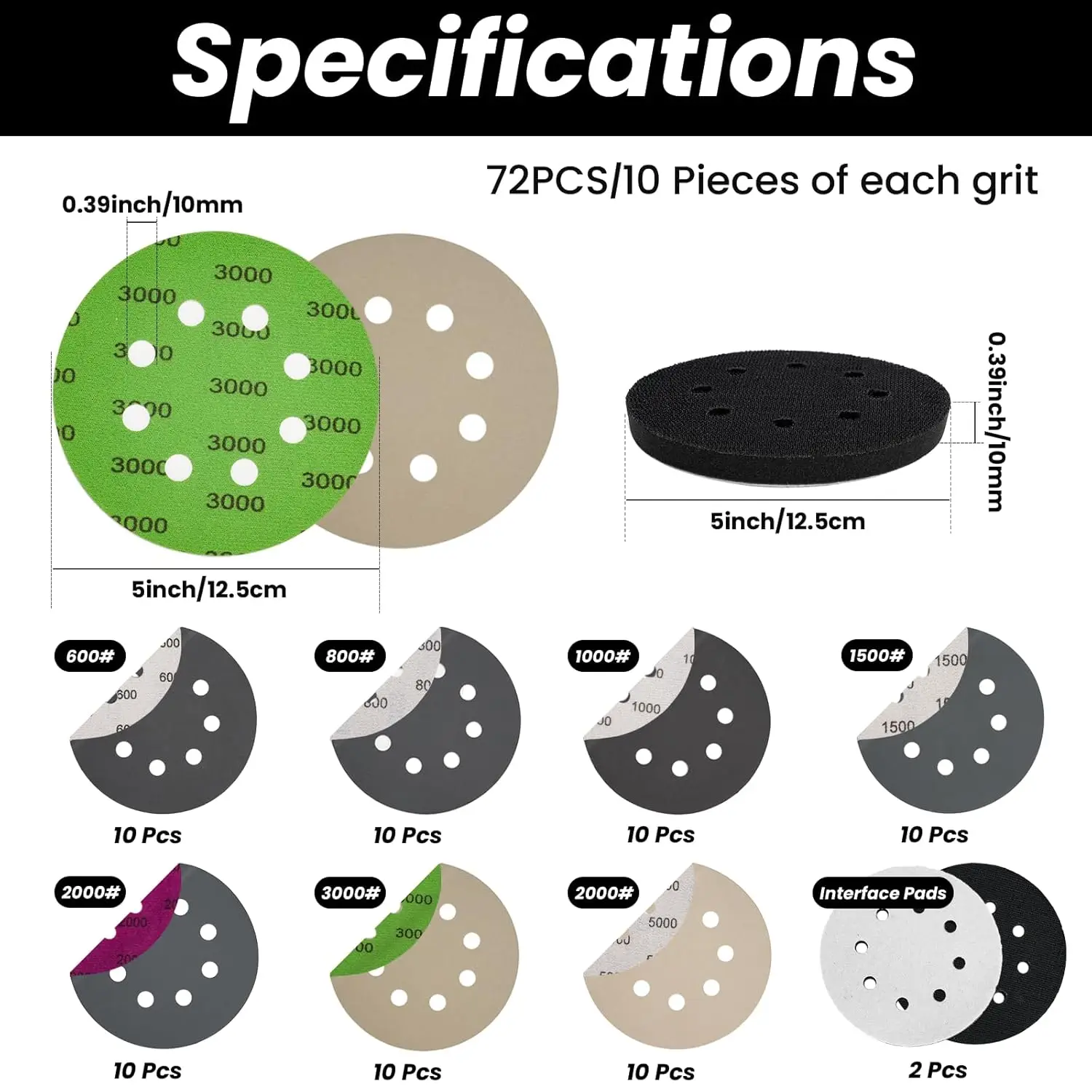 72 Pcs 5 Inch 8 Hole Wet & Dry Sanding Discs Set  with Interface Pads for Random Orbital Sander 600- 5000 Grits for Grinding