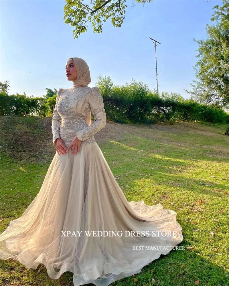 XPAY Modest Glitter Muslim Arabic Women Evening Dresses Long Sleeves O-Neck Tulle Prom Gowns Fomral Party Occasion Dress