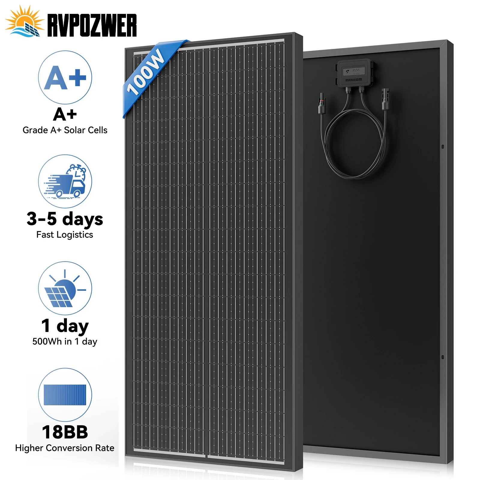 RVPOZWER 12,8 V 100 W starres Solarpanel 18BB N-Typ-Solarzellen, monokristallines Silizium, wasserdichtes Solarpanel, Camping/Zuhause/Wohnmobil