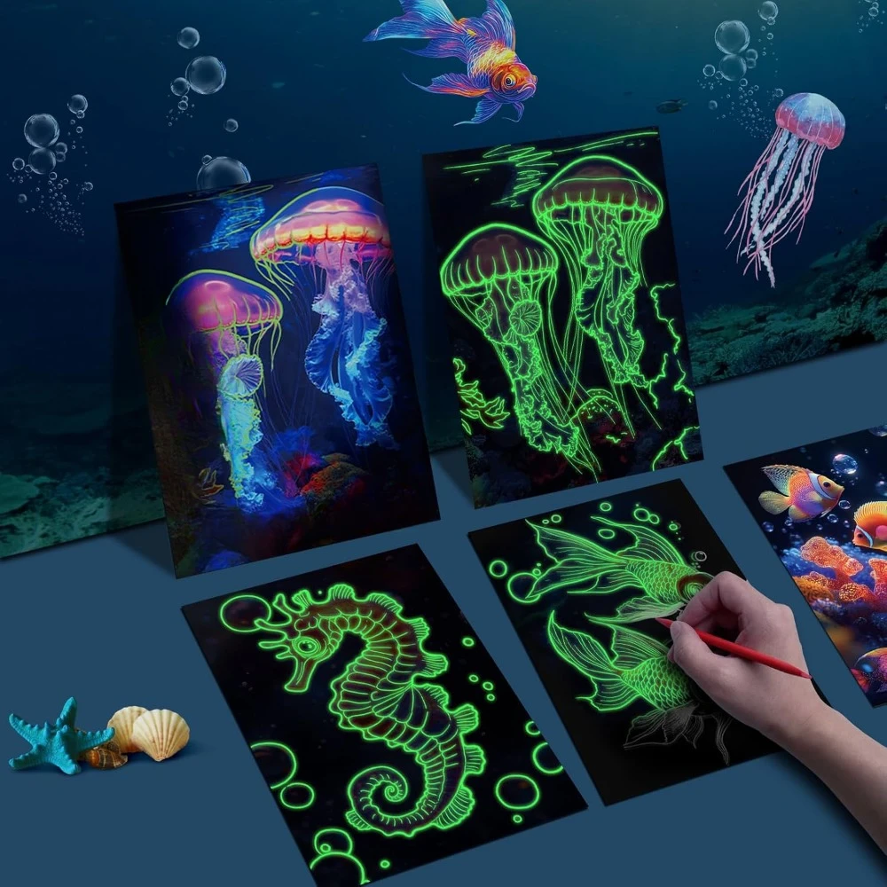 Adult and adolescent scratch art, 4 sheets of scratch paper glowing in the dark rainbow, beautiful night scene scratch paintings