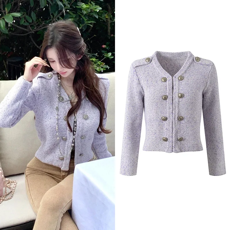

Commute Sle Light Purple Double-breasted Knit Cardigan Unique Design Sense New Autumn 2024 Women's Premium Sweater
