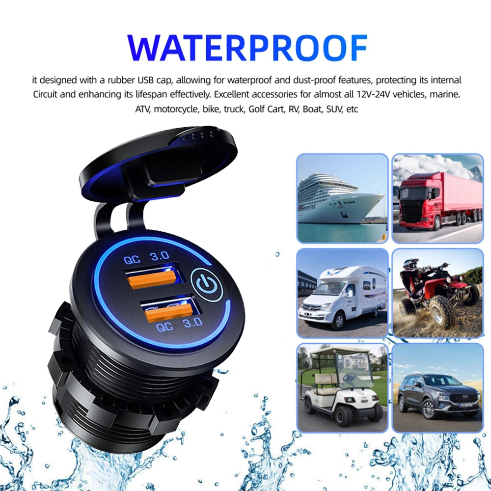 12/24V 60W QC3.0 Dual USB caricabatteria per auto presa di corrente impermeabile con interruttore voltmetro adattatore di ricarica rapida per telefono