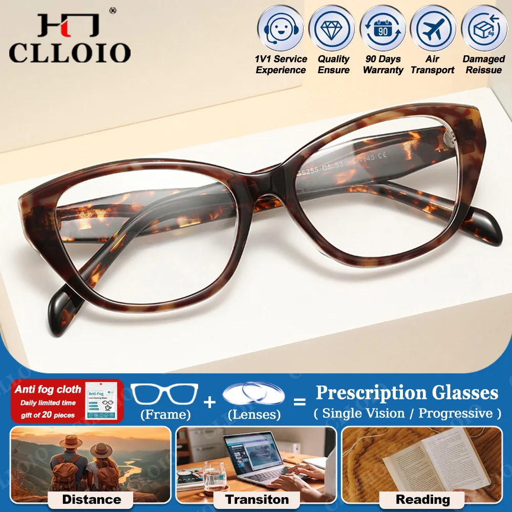 

CLLOIO Fashion Geometric Cat Eye Design Prescription Glasses Women Acetate Anti Blue Light Myopia/Reading/Multifocal Eyeglasses