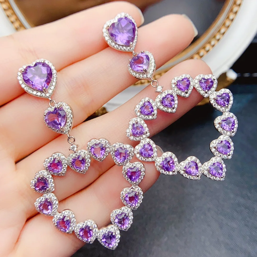 

S925 Silver Natural Amethyst Studs, 4*4mm Heart Shape Romantic Purple Gemstone Earrings Gift