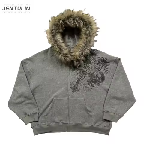 Y2K Retro Zip up Hoodie Faur Collar Harajuku Streetwear Hip Hop Zipper Sweatshirt Hoodies Unisex Rock Goth Loose Punk EMO Jacket