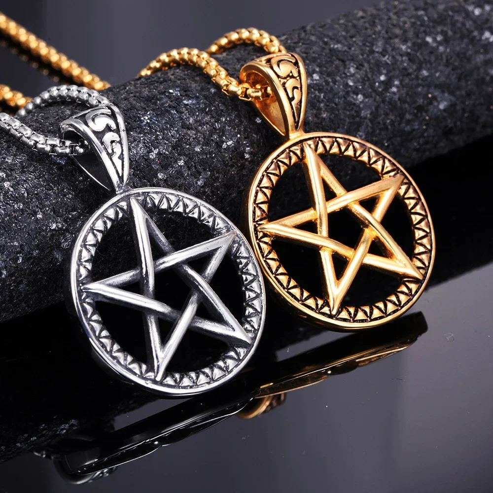 Vintage Satan stainless steel Pentagram Pendant Necklace for men punk Hip Hop cyclist Pentagram Necklace jewelry chain