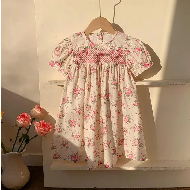

French Style Puff Sleeve Short Dress for Girls2025Summer Children's Clothing Printed Round Neck Sweet Princess Dress
