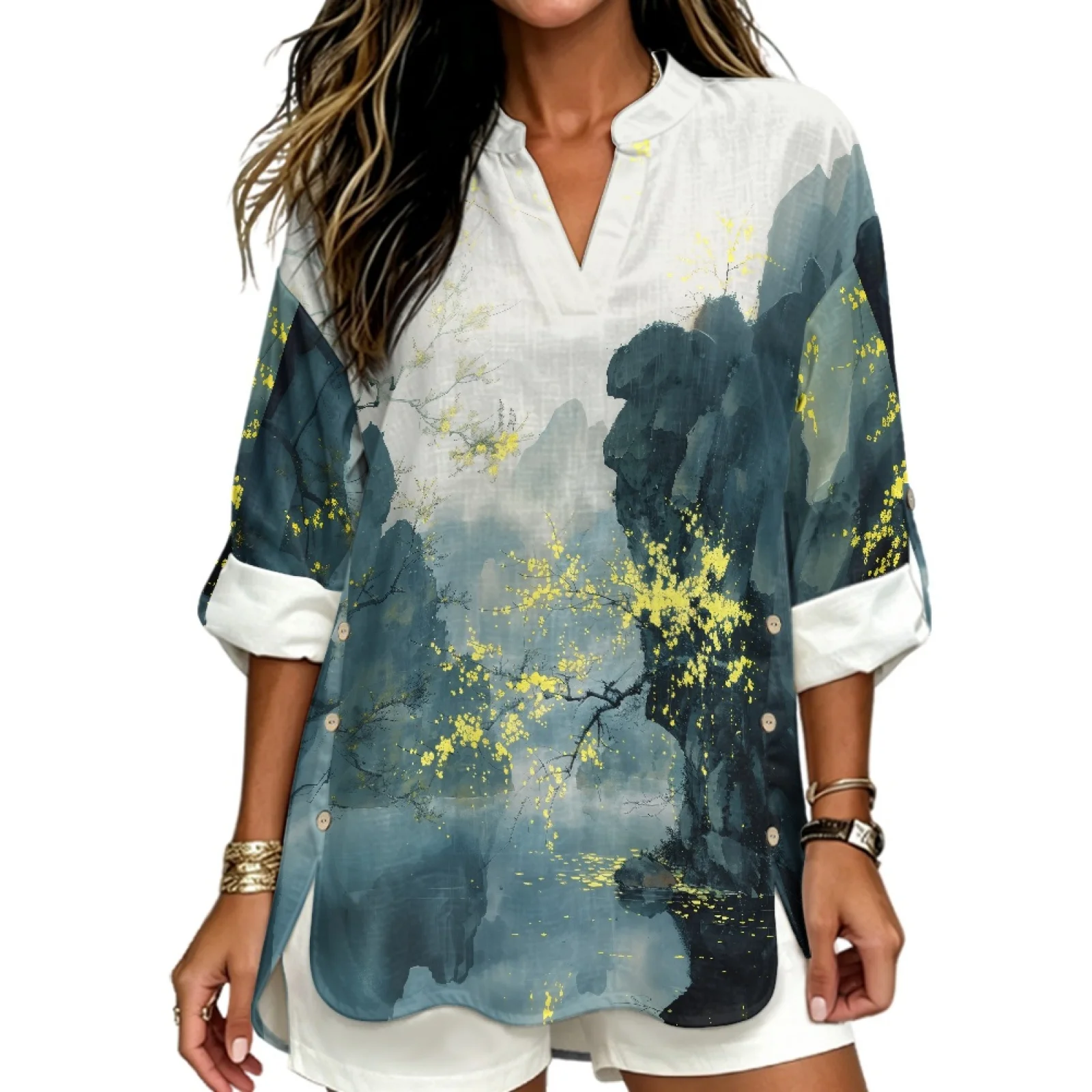 PENSTROLL Mountain Yellow Linen Like Long Sleeve V Neck Shirts for Business Roll Up Design Women's Long Sleeve Shirts