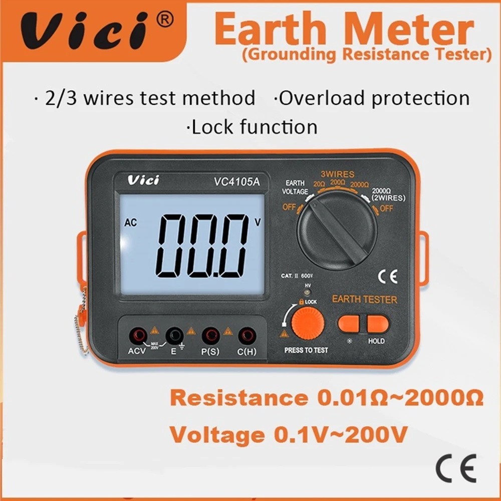 Vici Digital Electric Earth Meter LCD Grounding Voltage Resistance Tester 2/3 Wires Lightning Rod Measuring Tools Data Hold