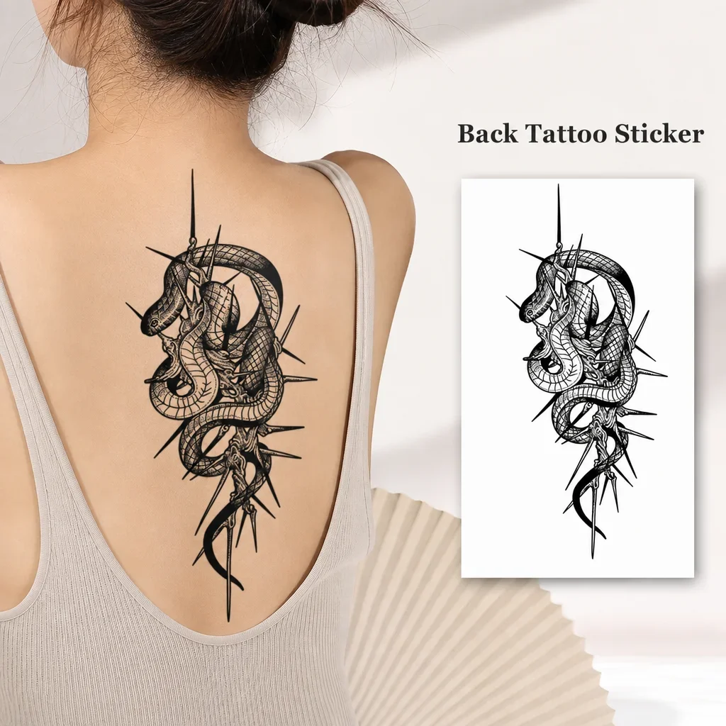 1 Sheet Per Pack Temporary Tattoo Sticker Black Waterproof Long Lasting Snake Blackwork Gothic Thorn Line Art Back for Women