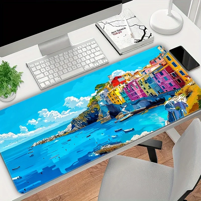 Colorful Seaside Village Desk Mat Extra Large Non-Slip Rubber Mouse Pad for Office Gaming Decor