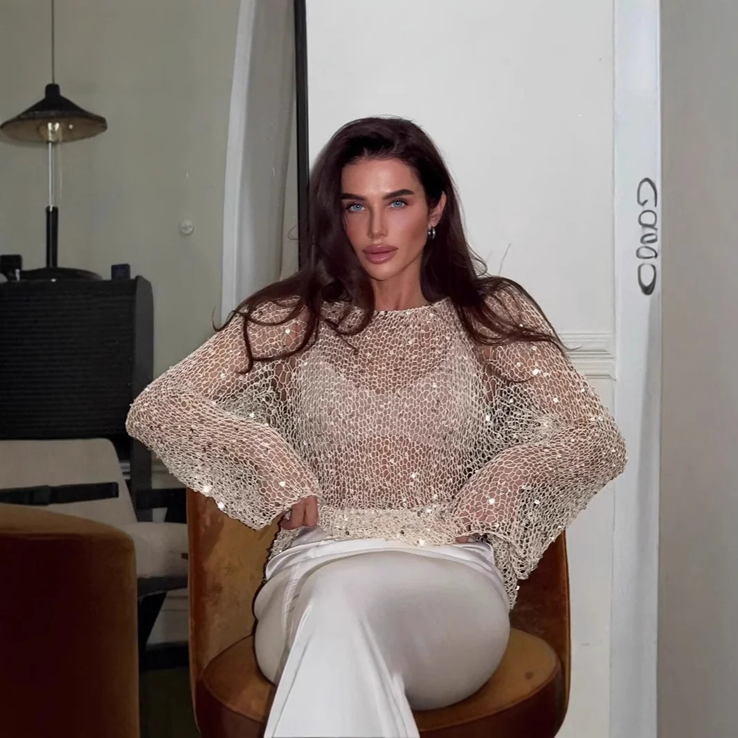 

Модный вязаный свитер с пайетками, полупрозрачный дизайн, премиальное качество, длинный рукав, круглый вырез, короткий рукав, полиэстер.