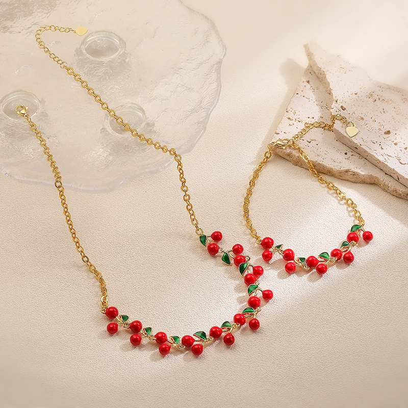 

HECHENG,Sweet and Cute Red Cherry Strawberry Bracelet Necklace for Women Golden Fashion Jewellery Accessories Gift
