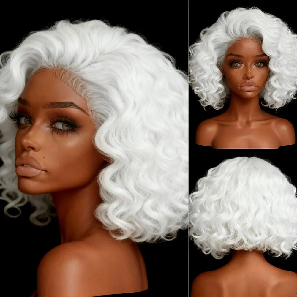 

Короткий кудрявый парик с волнистыми прядями и кружевной передней частью, платиново-белый, синтетический, 13x4 HD, белый парик-боб с глубокими волнами, термостойкое волокно для повседневной носки