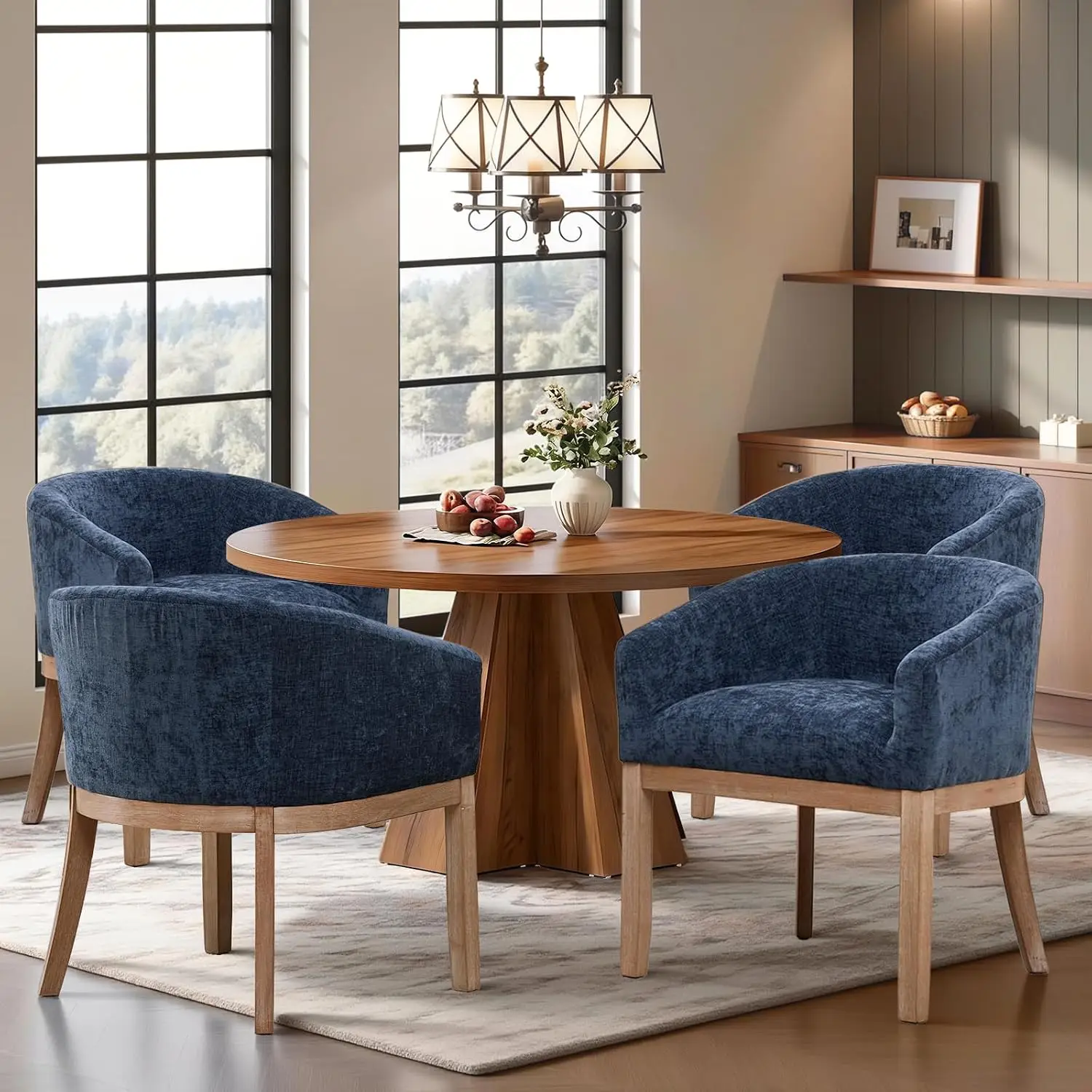 Barrel Dining Chair Set of 4, Natural Hardwood Frame, Linen Upholstered, Kitchen Dining Room, Blue, Customized