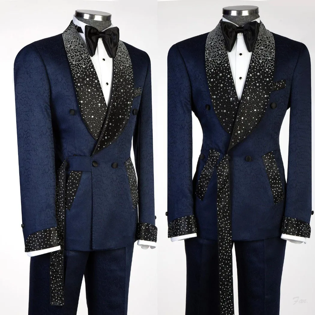 Leisure Men's Suit 2 Pieces Sequins Beads Lapel Blazer Pants Bow Collar Wedding Tuxedos Work Business Formal Customized M7241