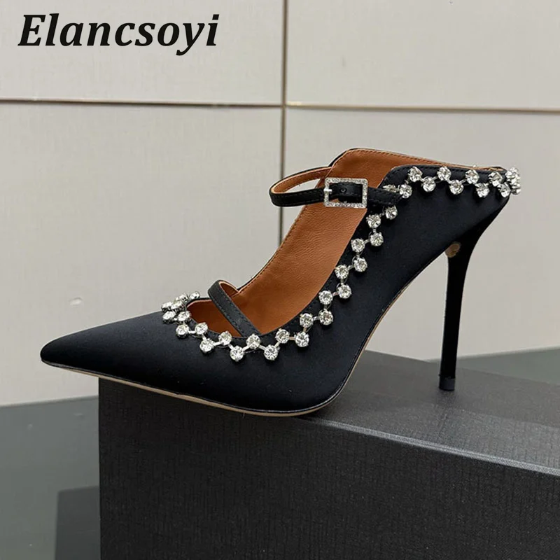 Thin Heels Sandals Women's Silk Satin Rhinestone Pointed Toe High Heels Sandalias Summer Fashion Outdoor Lazy Mules Shoes