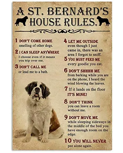 A St Bernard House Rules Poster Decor Gift for Dog Lover Wall Art Decoration Metal Plaque Poster Metal Sign 8X12 inches