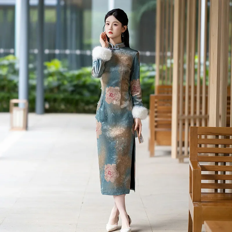 

Осенне-зимнее плотное новое китайское длинное стильное улучшенное платье Cheongsam для молодых женщин в стиле ретро с длинными рукавами Qipao