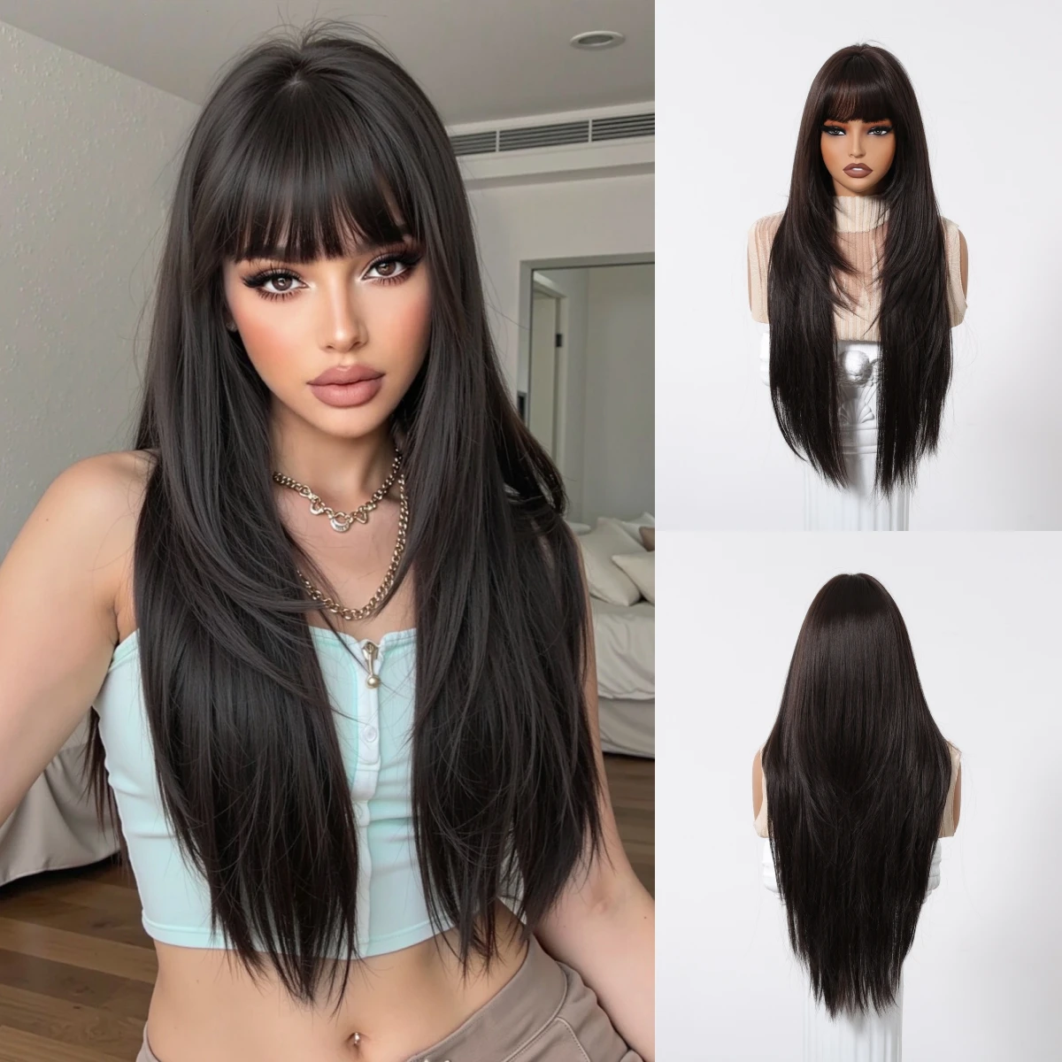 LOUIS FERRE Synthetic Fiber Wig For Women Long Straight Silky Daily Elegant Wigs Black Brown Fake Hair With Bangs High Resistant